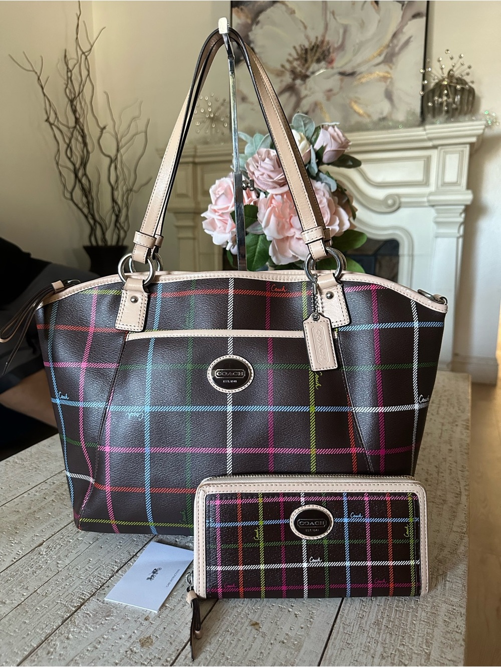 Coach Peyton Tattersall Plaid Tote Bag and Matching Wallet Set